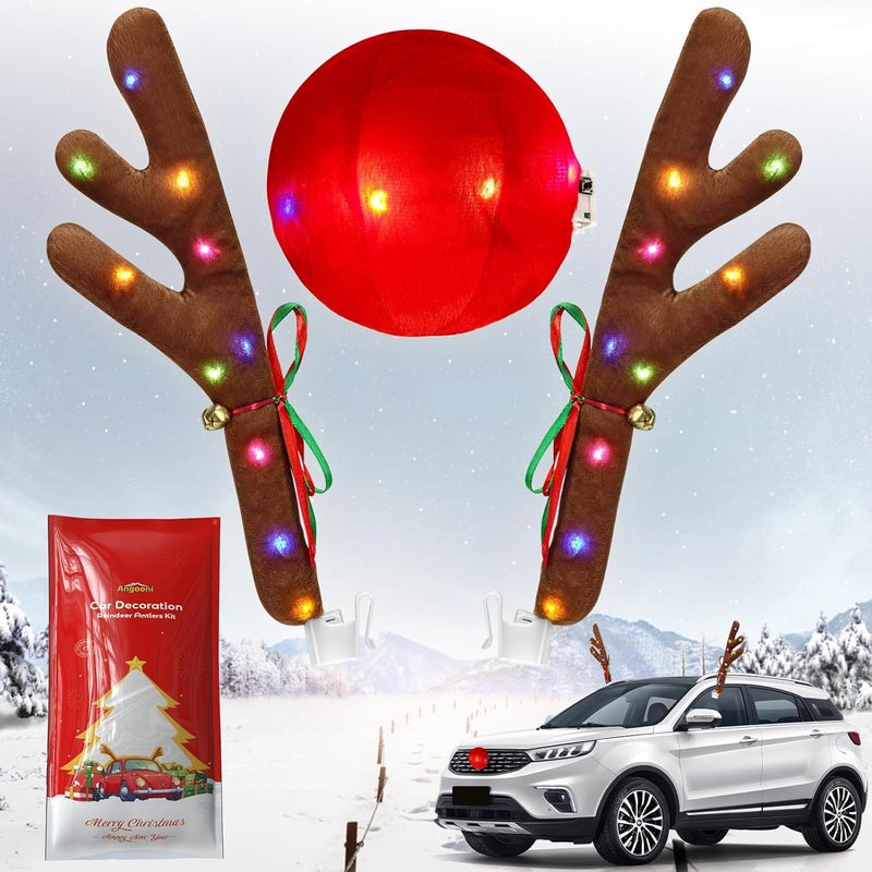 Angooni Charming Christmas Car Decoration, Festive Reindeer Car Kit,Reindeer Antlers & Nose, Christmas Lights, Nice Gift for Families & Friends, Suitable for Jeeps, Trucks, Golf Carts... - Image 1